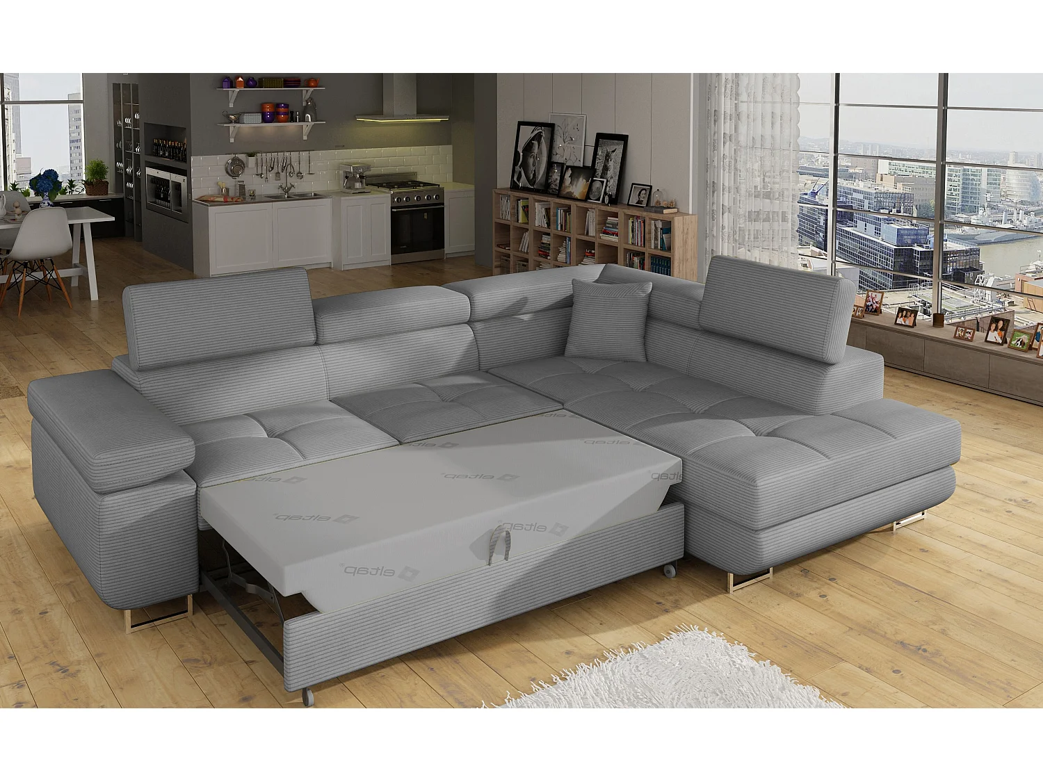 Canapé d’angle convertible MARKA en tissu avec coffre et têtières réglables – 272cm-Gris clair-angle droit