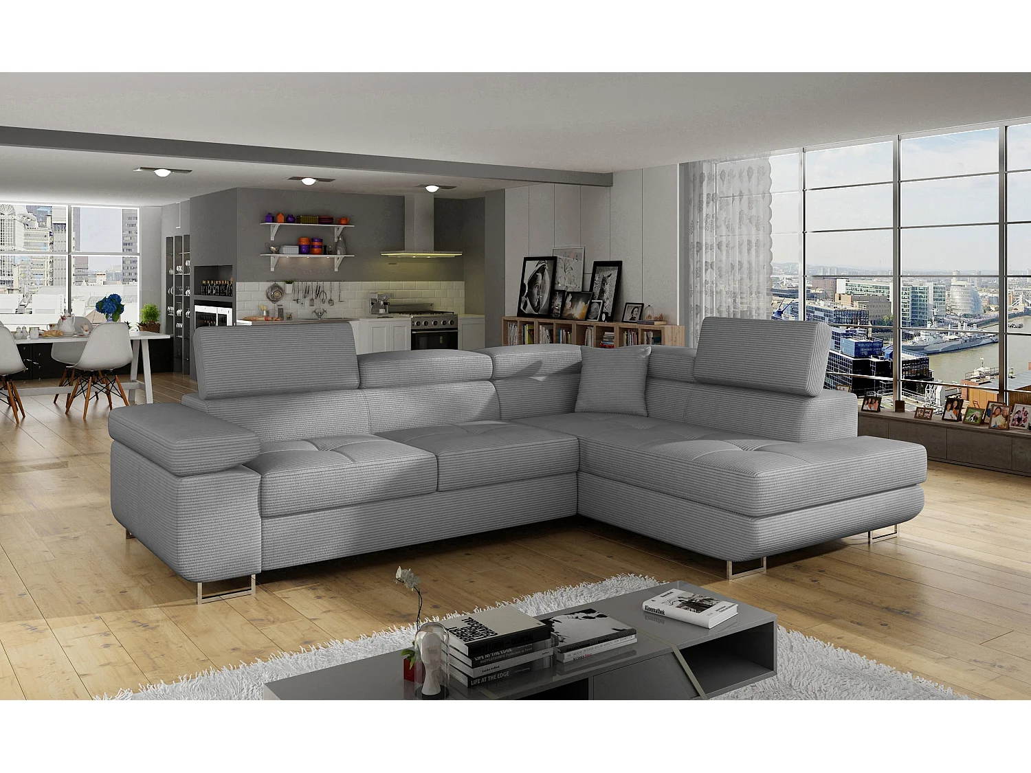 Canapé d’angle convertible MARKA en tissu avec coffre et têtières réglables – 272cm-Gris clair-angle droit