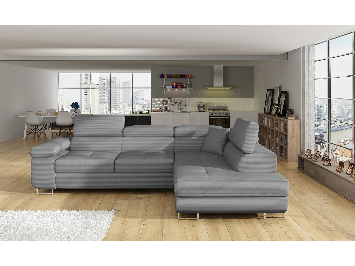 Canapé d’angle convertible MARKA en tissu avec coffre et têtières réglables – 272cm-Gris clair-angle droit