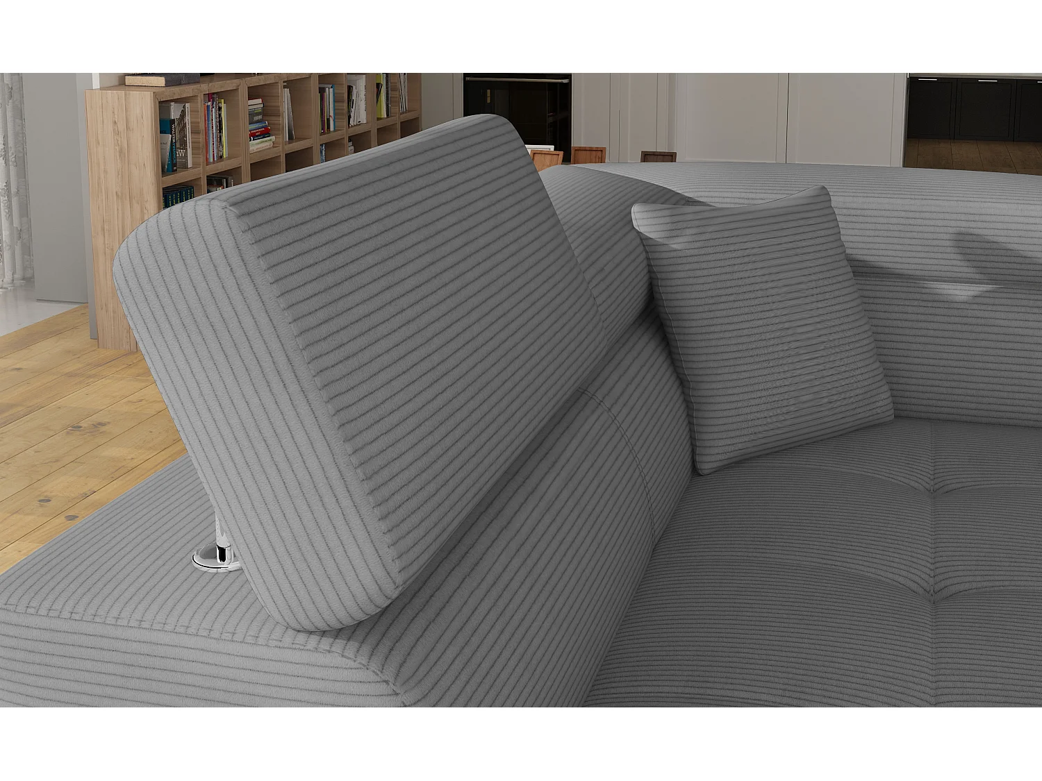 Canapé d’angle convertible MARKA en tissu avec coffre et têtières réglables – 272cm-Gris clair-angle droit