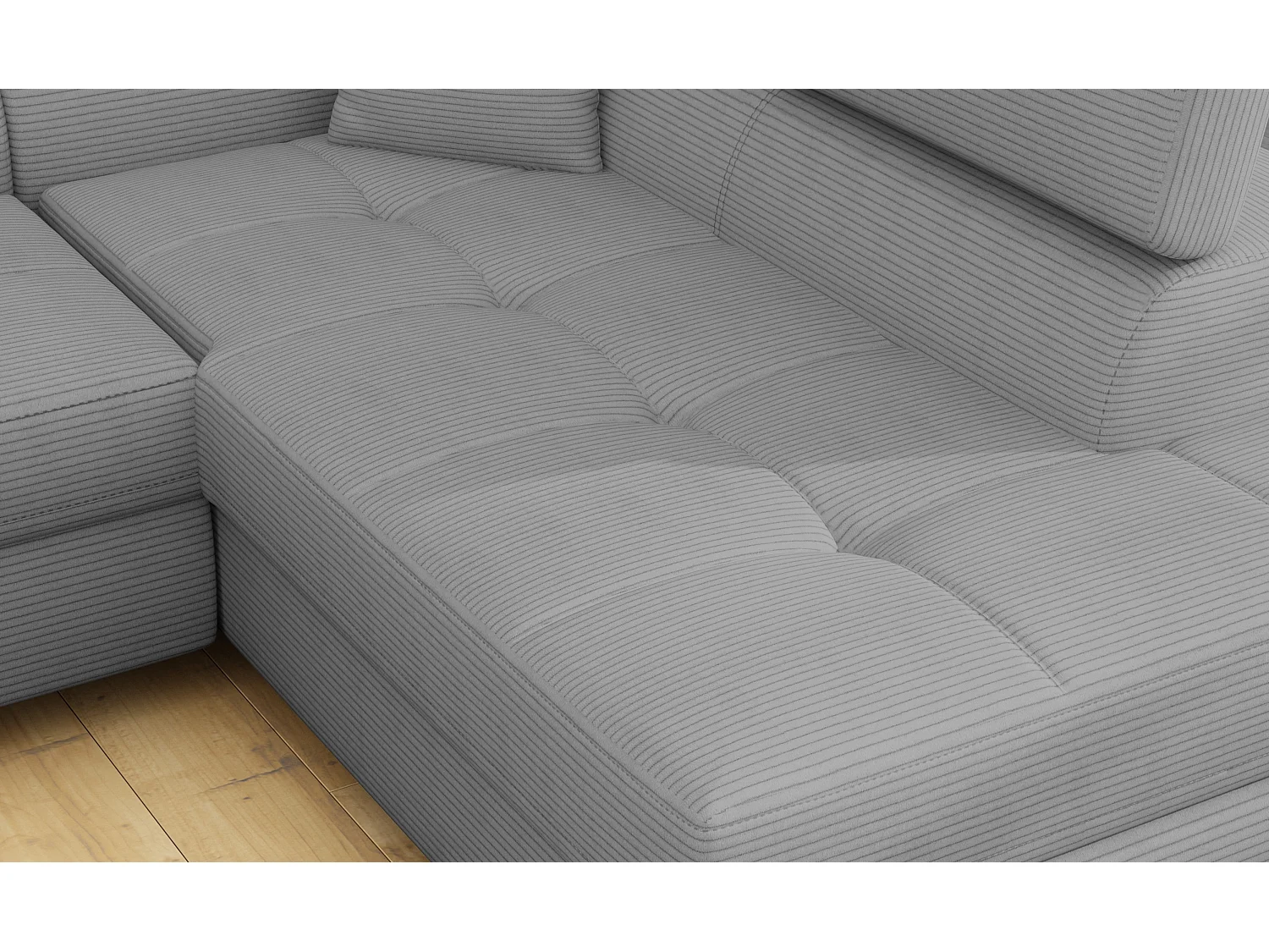 Canapé d’angle convertible MARKA en tissu avec coffre et têtières réglables – 272cm-Gris clair-angle droit