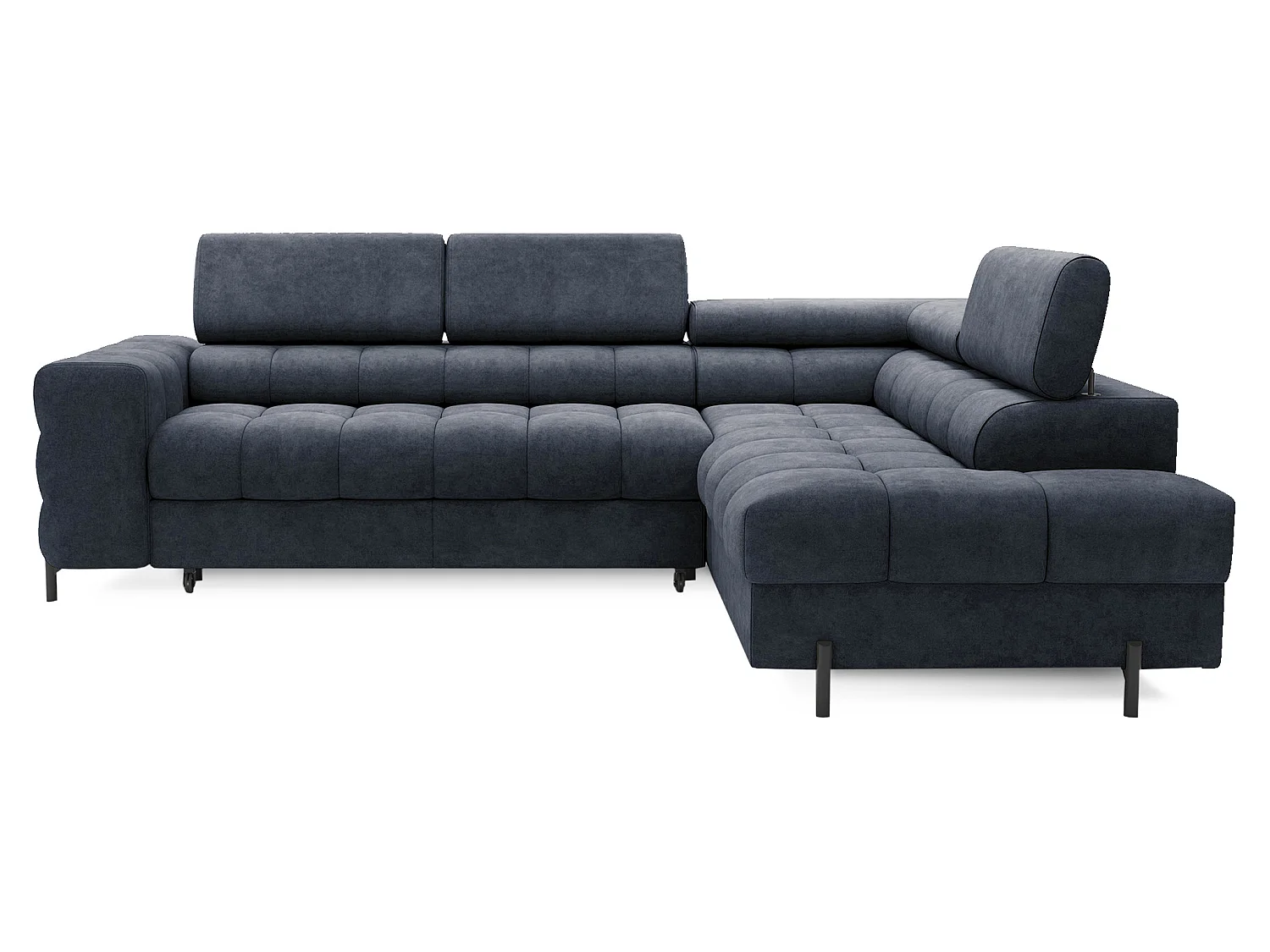 Canapé d’angle convertible LUCCINO en tissu avec coffre, têtières réglables et pieds en métal noir – 276cm-Bleu foncé-angle droit