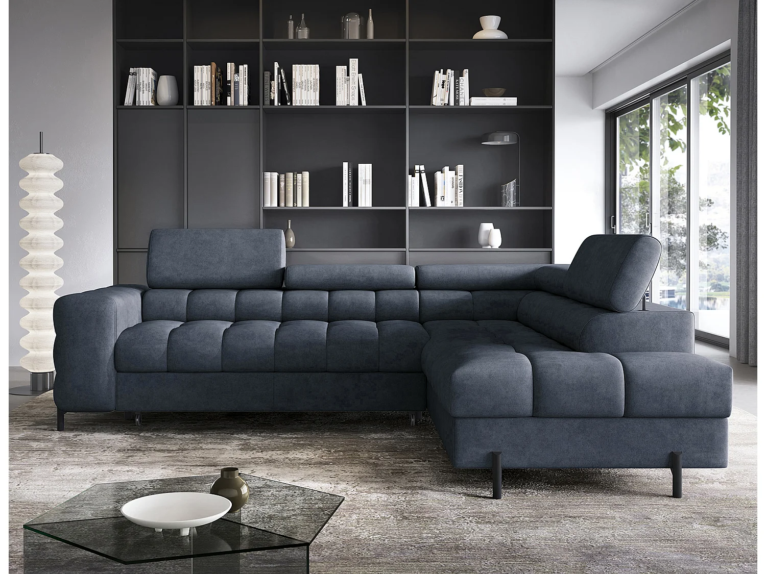 Canapé d’angle convertible LUCCINO en tissu avec coffre, têtières réglables et pieds en métal noir – 276cm-Bleu foncé-angle droit