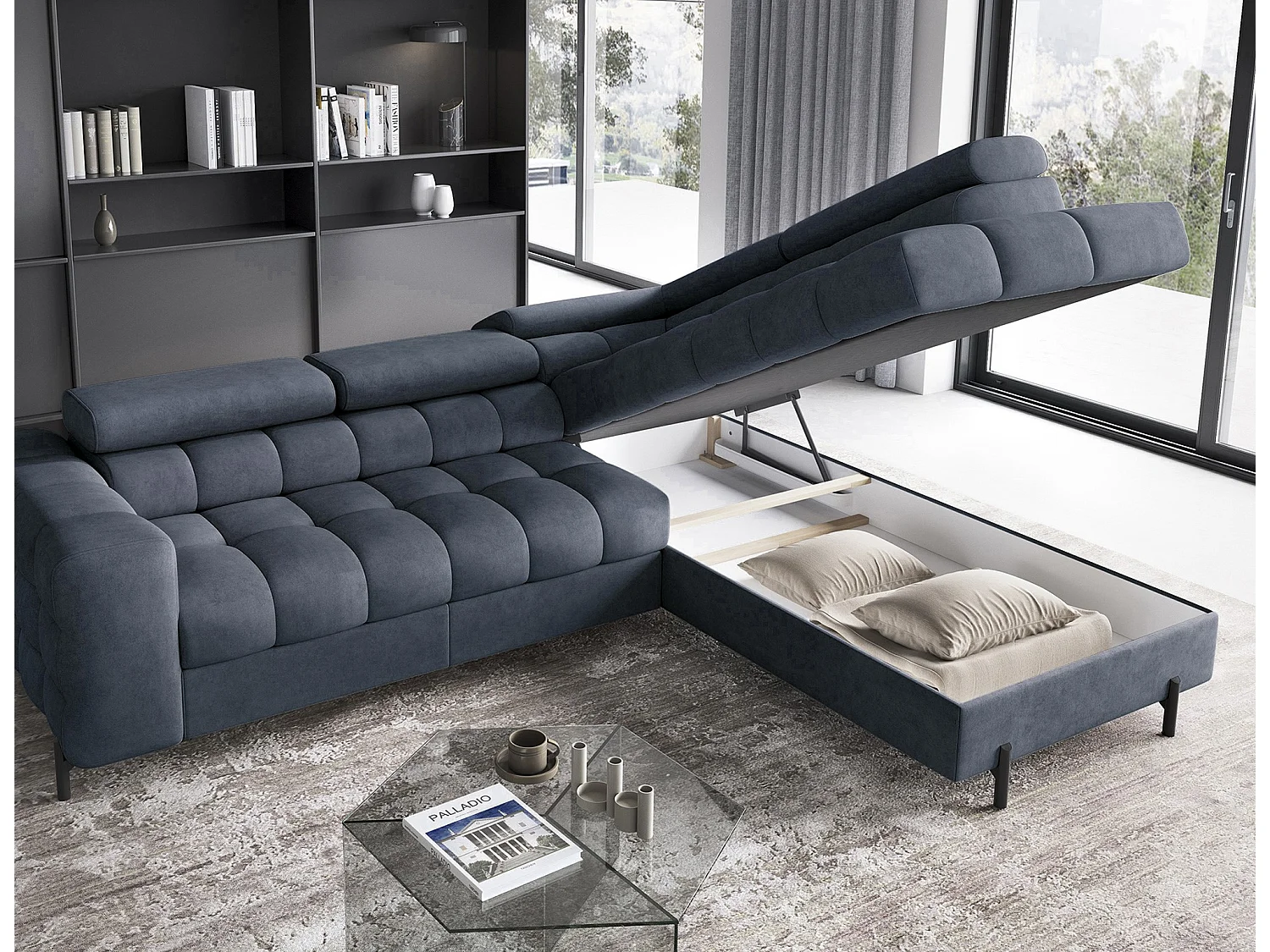 Canapé d’angle convertible LUCCINO en tissu avec coffre, têtières réglables et pieds en métal noir – 276cm-Bleu foncé-angle droit