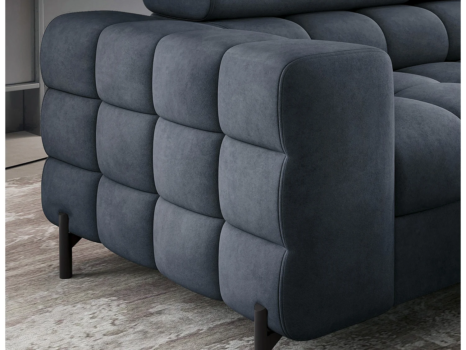 Canapé d’angle convertible LUCCINO en tissu avec coffre, têtières réglables et pieds en métal noir – 276cm-Bleu foncé-angle droit