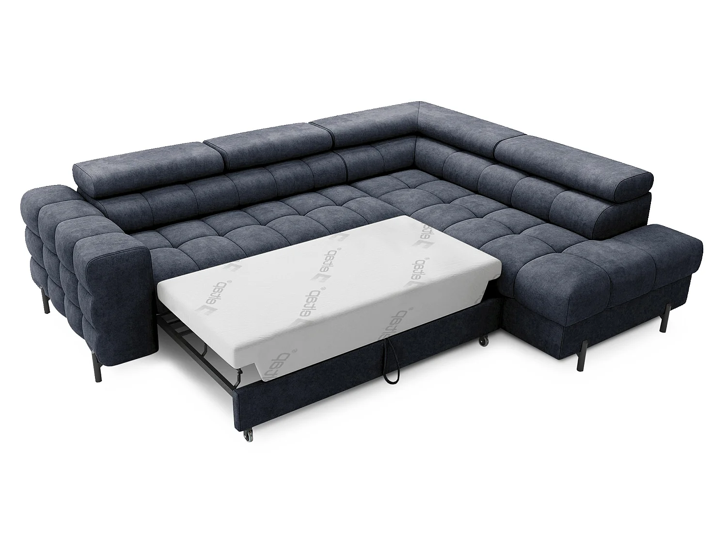 Canapé d’angle convertible LUCCINO en tissu avec coffre, têtières réglables et pieds en métal noir – 276cm-Bleu foncé-angle droit
