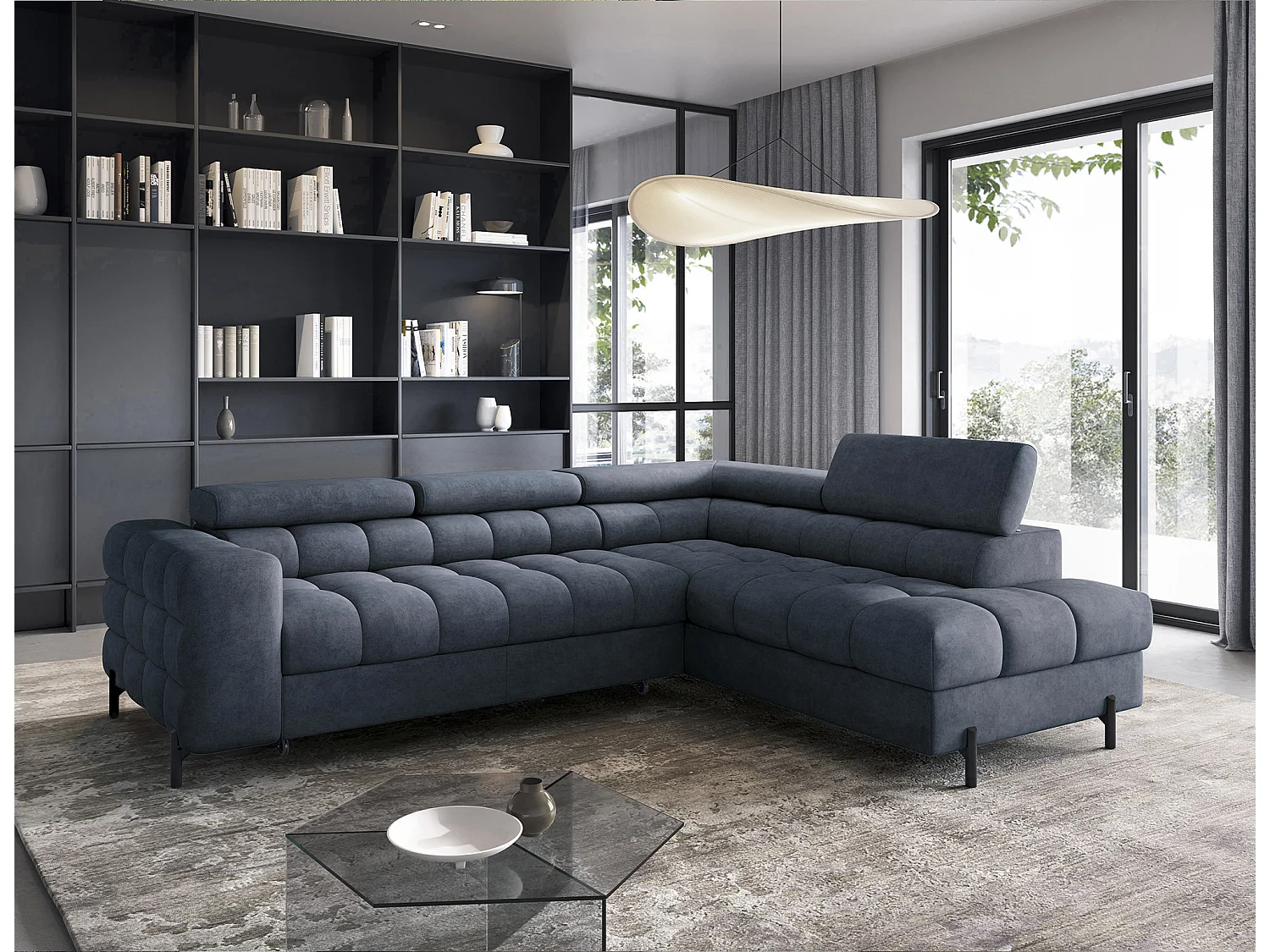 Canapé d’angle convertible LUCCINO en tissu avec coffre, têtières réglables et pieds en métal noir – 276cm-Bleu foncé-angle droit