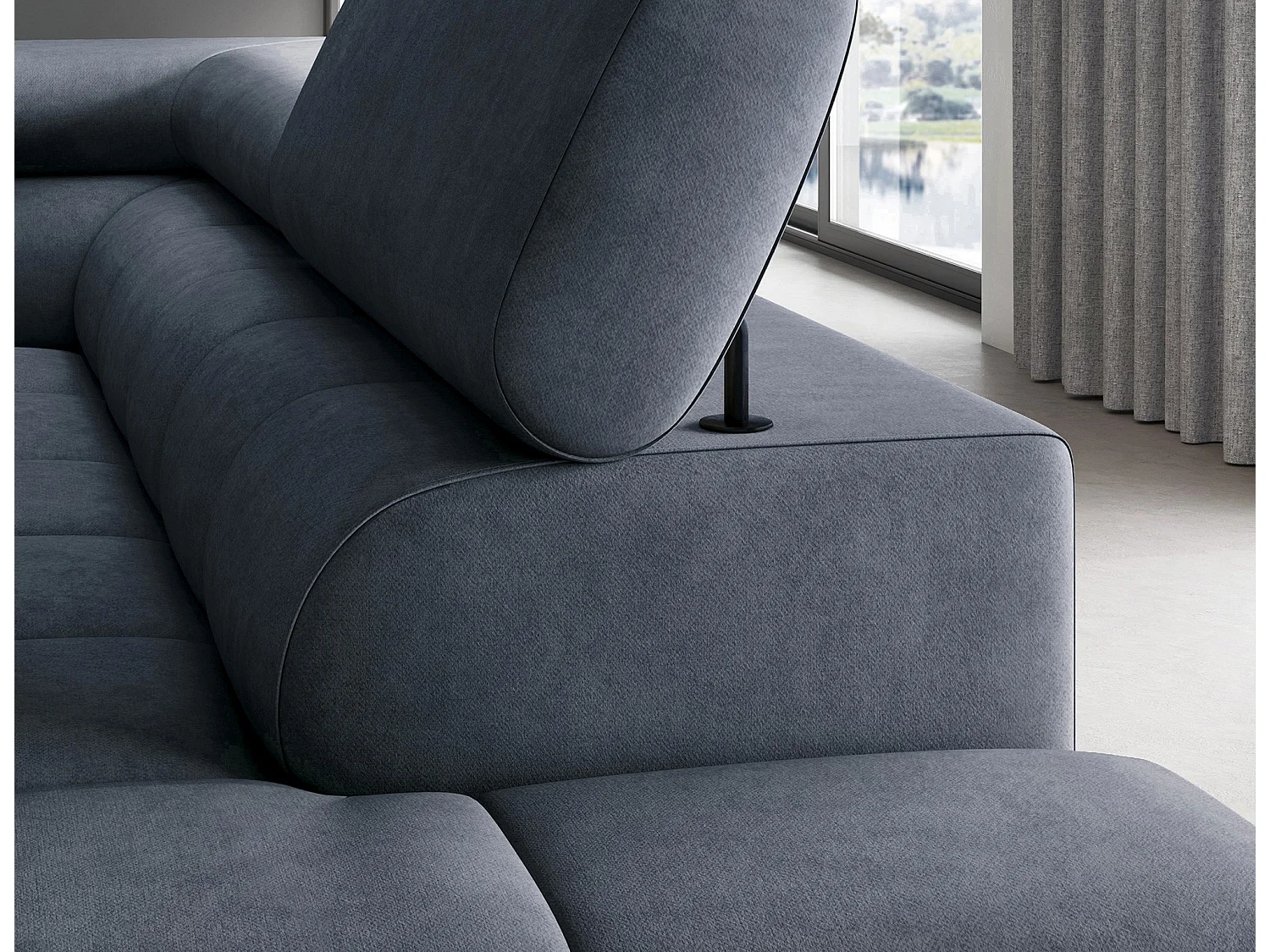 Canapé d’angle convertible LUCCINO en tissu avec coffre, têtières réglables et pieds en métal noir – 276cm-Bleu foncé-angle droit