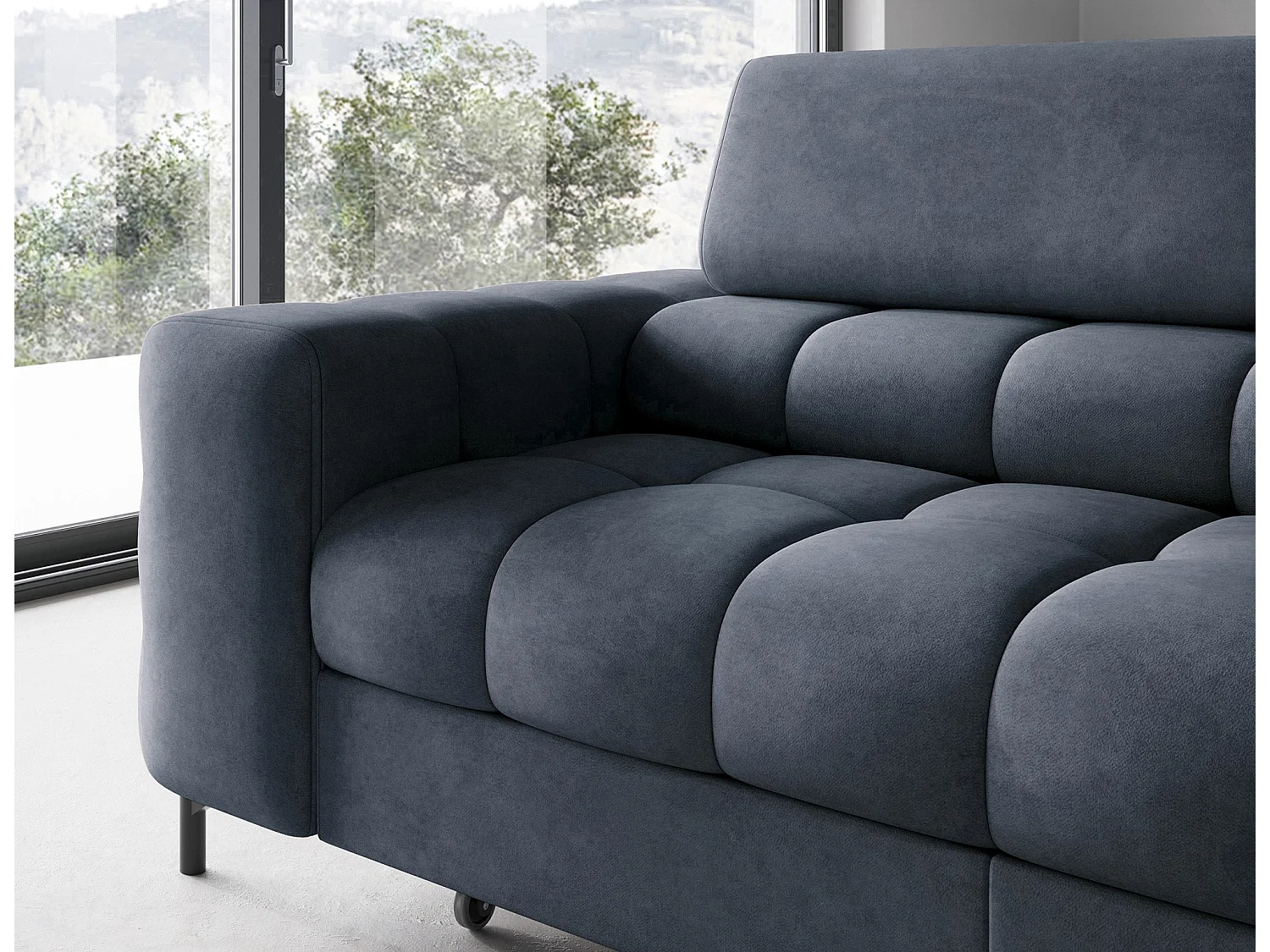 Canapé d’angle convertible LUCCINO en tissu avec coffre, têtières réglables et pieds en métal noir – 276cm-Bleu foncé-angle droit