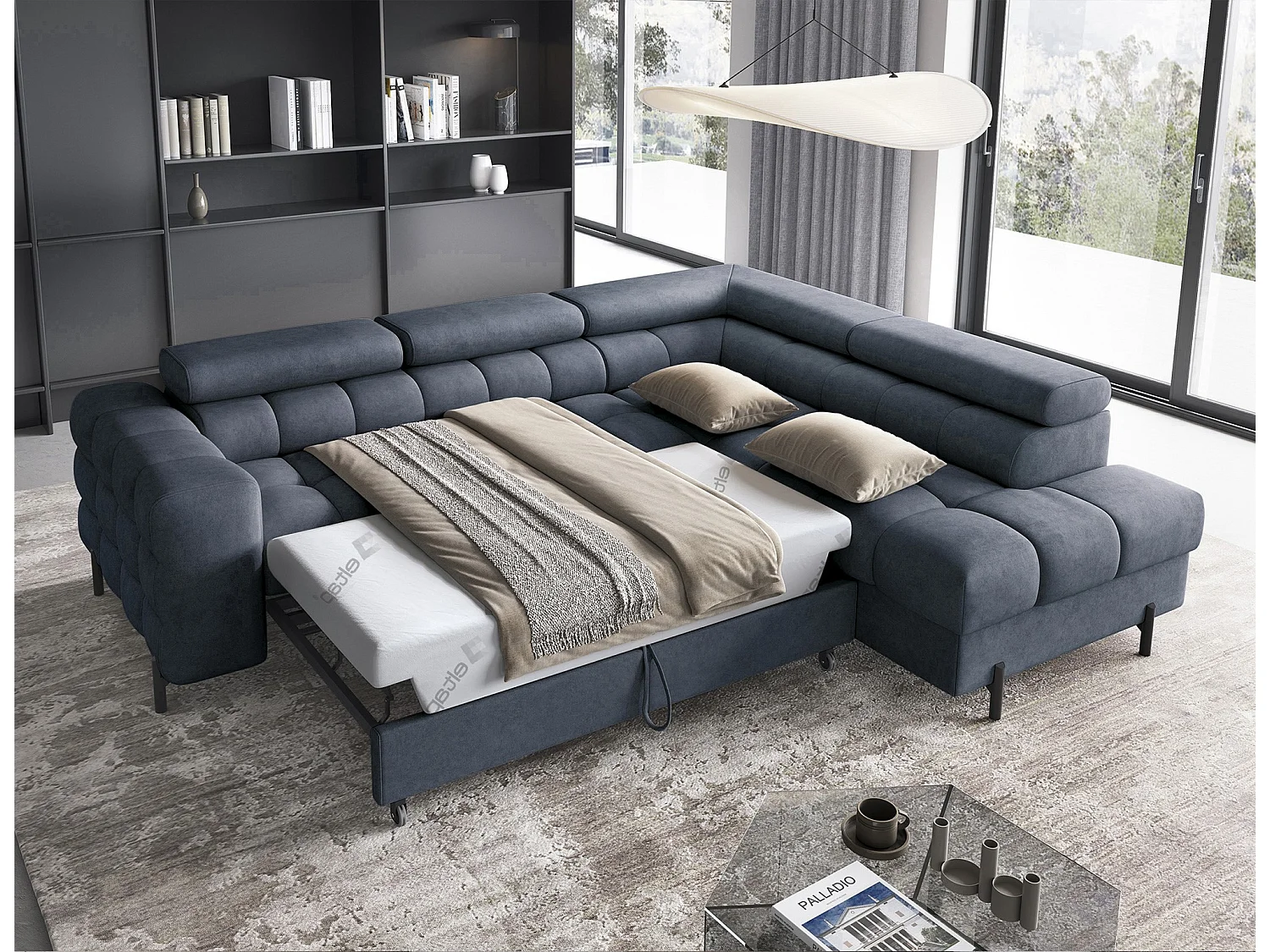 Canapé d’angle convertible LUCCINO en tissu avec coffre, têtières réglables et pieds en métal noir – 276cm-Bleu foncé-angle droit
