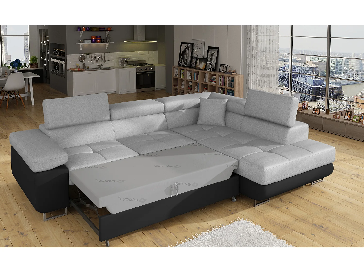 Sofá esquinero convertible en símil piel y tela reposacabezas elevables - Colección Marka-Negro/Gris claro-Ángulos rectos