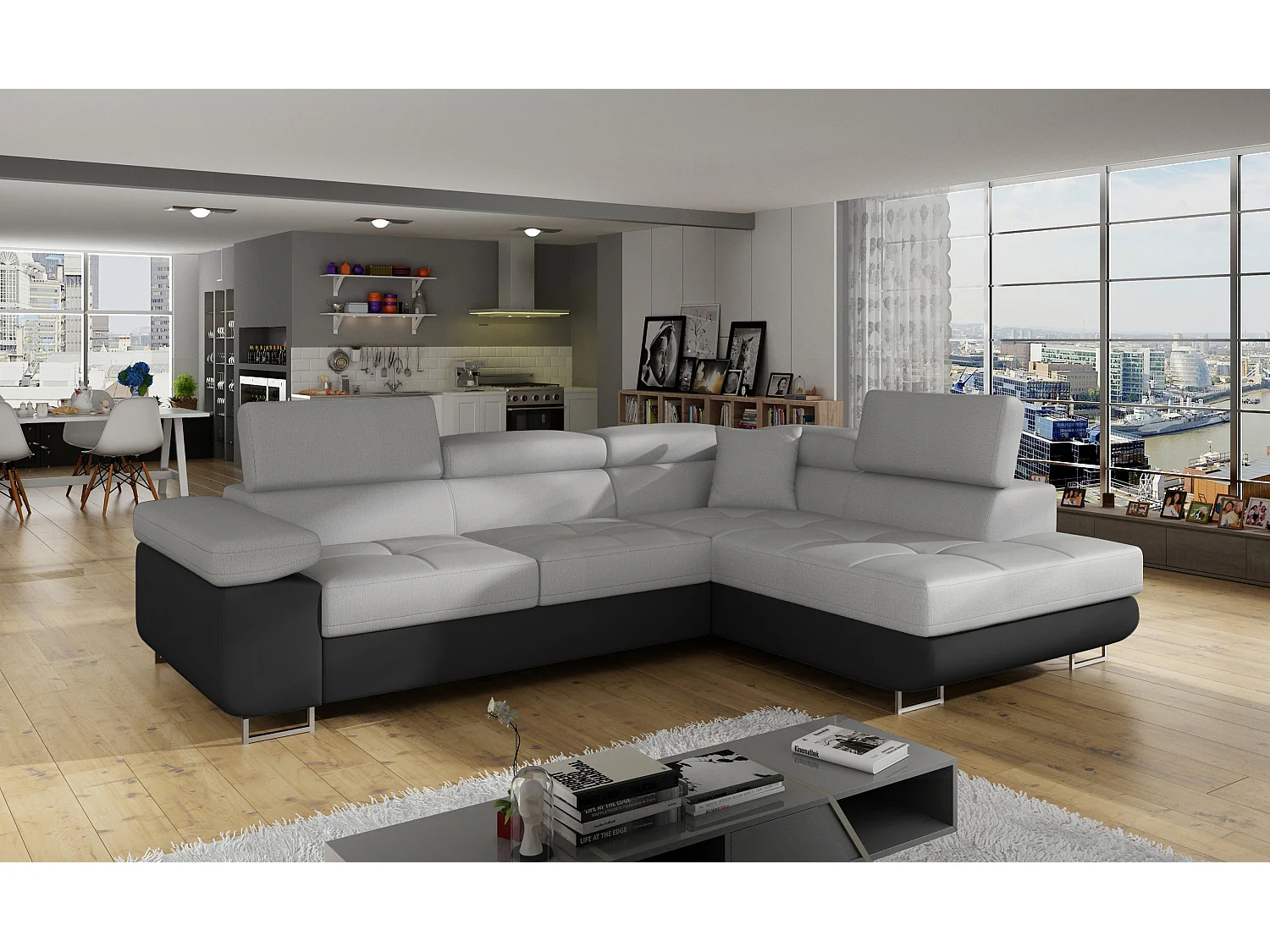 Sofá esquinero convertible en símil piel y tela reposacabezas elevables - Colección Marka-Negro/Gris claro-Ángulos rectos