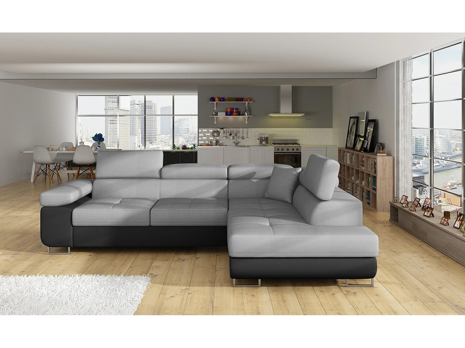 Sofá esquinero convertible en símil piel y tela reposacabezas elevables - Colección Marka-Negro/Gris claro-Ángulos rectos
