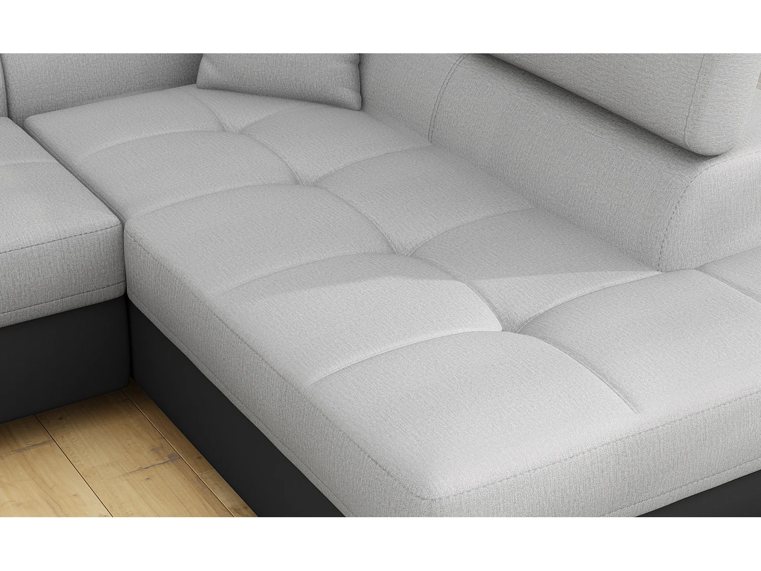 Sofá esquinero convertible en símil piel y tela reposacabezas elevables - Colección Marka-Negro/Gris claro-Ángulos rectos