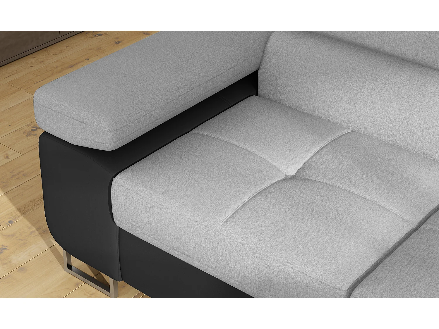 Sofá esquinero convertible en símil piel y tela reposacabezas elevables - Colección Marka-Negro/Gris claro-Ángulos rectos