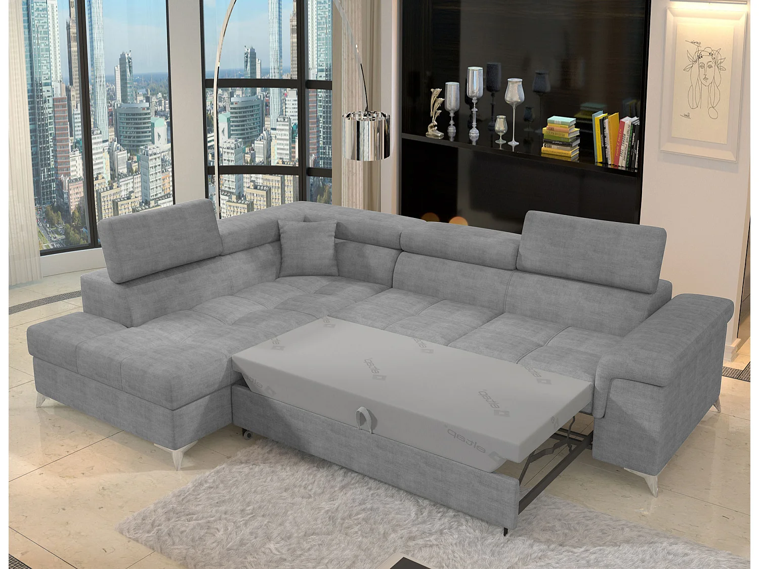 Canapé d’angle convertible MARIDO en tissu avec coffre et têtières réglables – 275cm-Gris souris-angle gauche