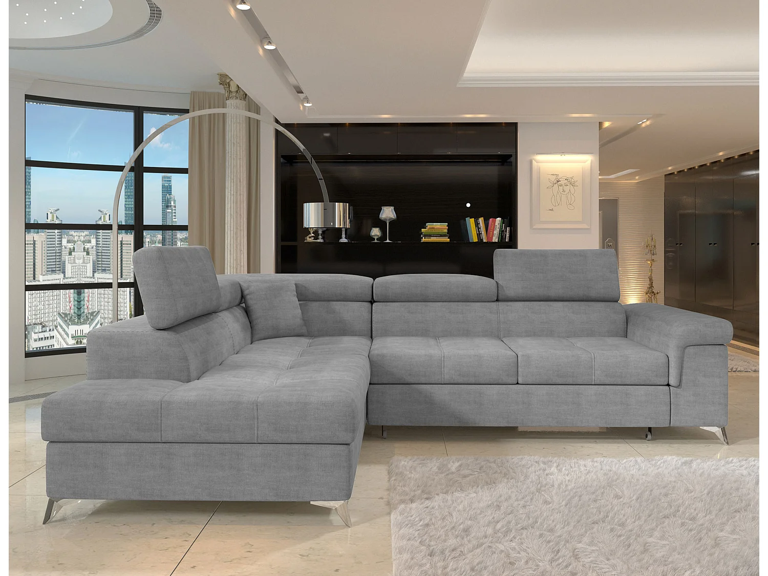 Canapé d’angle convertible MARIDO en tissu avec coffre et têtières réglables – 275cm-Gris souris-angle gauche
