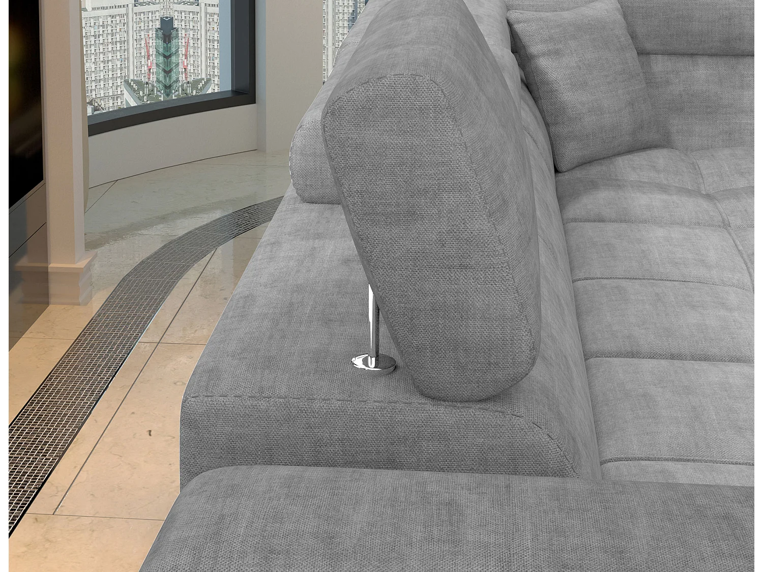 Canapé d’angle convertible MARIDO en tissu avec coffre et têtières réglables – 275cm-Gris souris-angle gauche