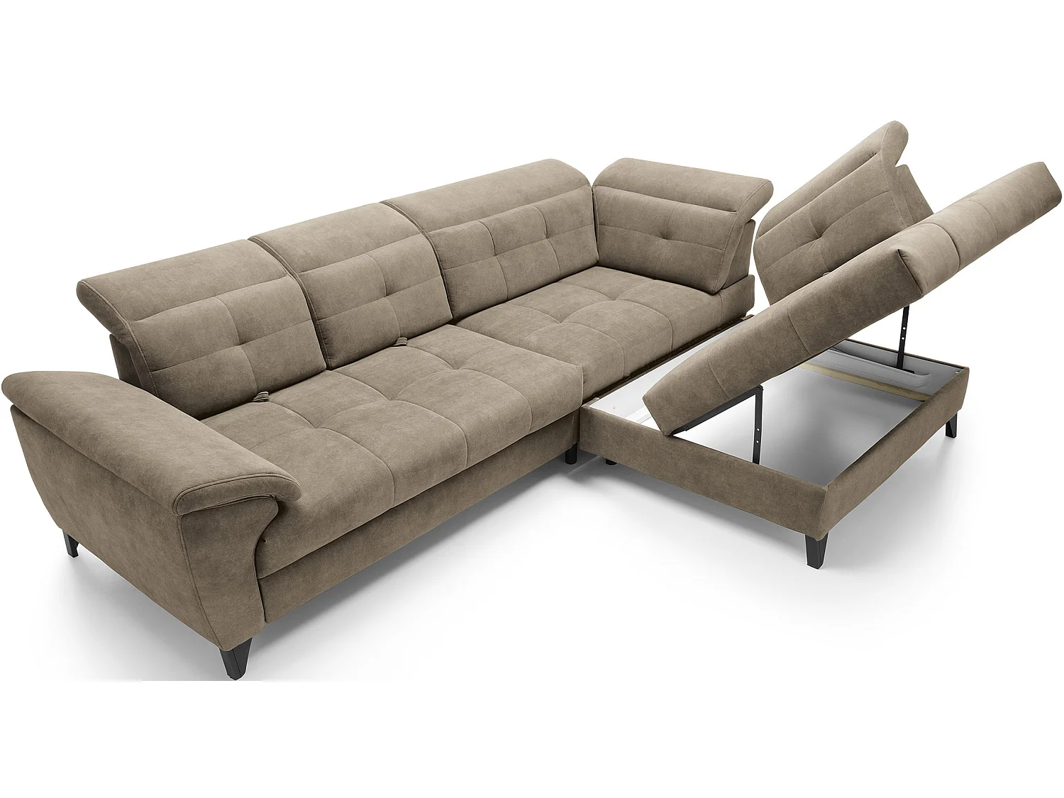 Canapé d'angle convertible tissu velouté KARIN - Coffre et appuis-tête réglables-Marron clair-angle droit