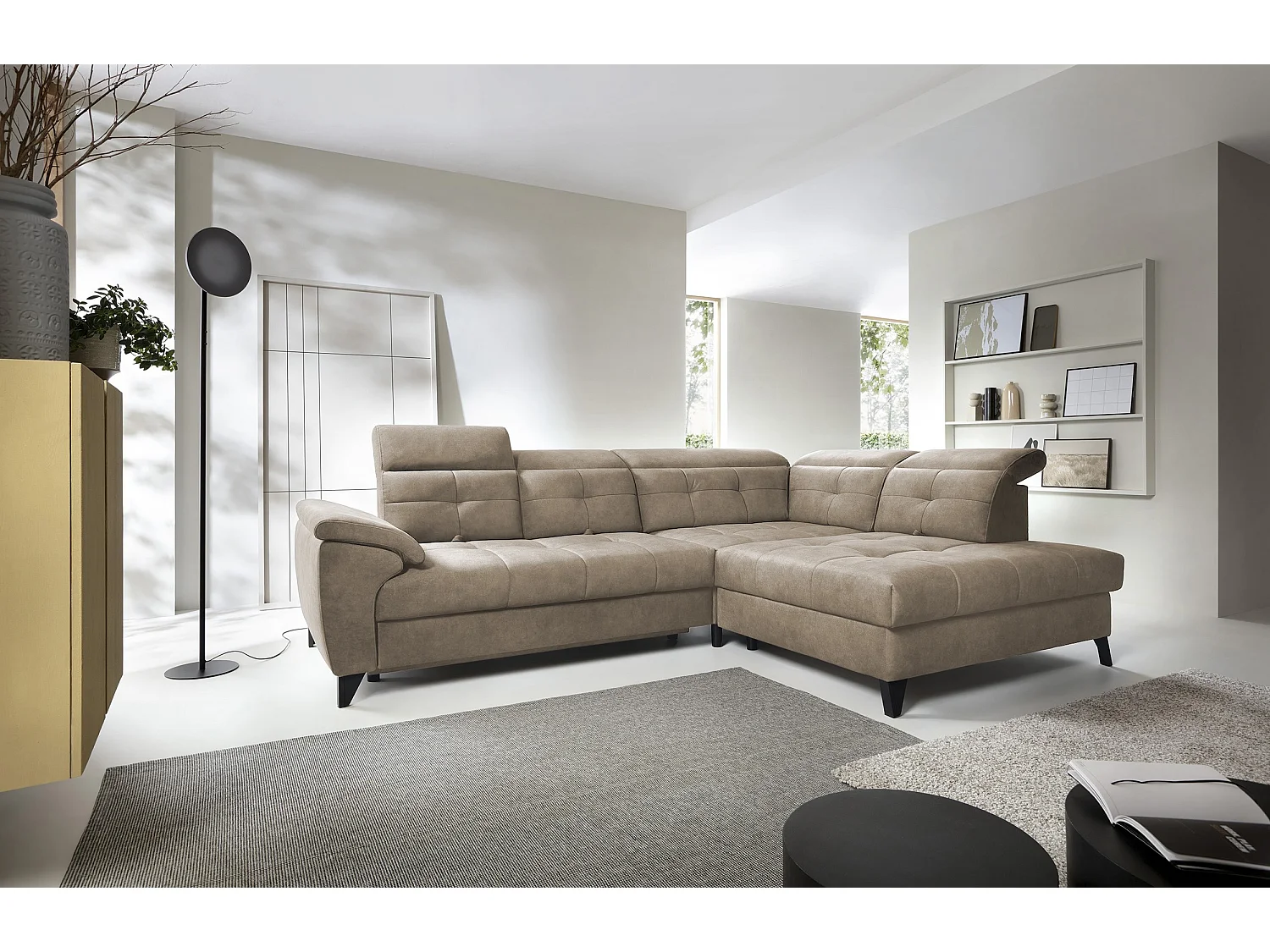Canapé d'angle convertible tissu velouté KARIN - Coffre et appuis-tête réglables-Marron clair-angle droit