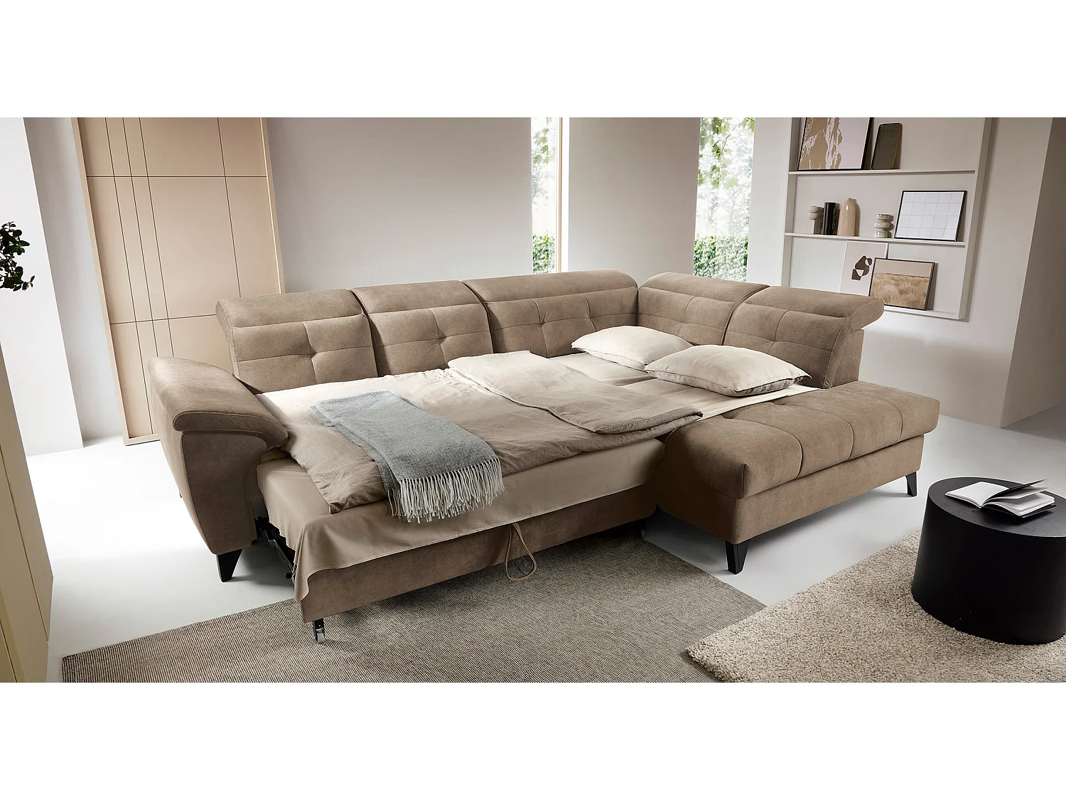 Canapé d'angle convertible tissu velouté KARIN - Coffre et appuis-tête réglables-Marron clair-angle droit