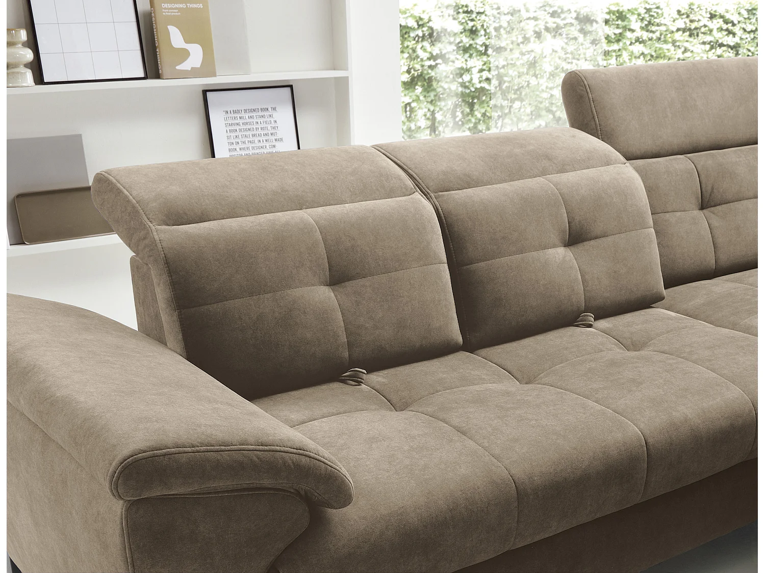 Canapé d'angle convertible tissu velouté KARIN - Coffre et appuis-tête réglables-Marron clair-angle droit