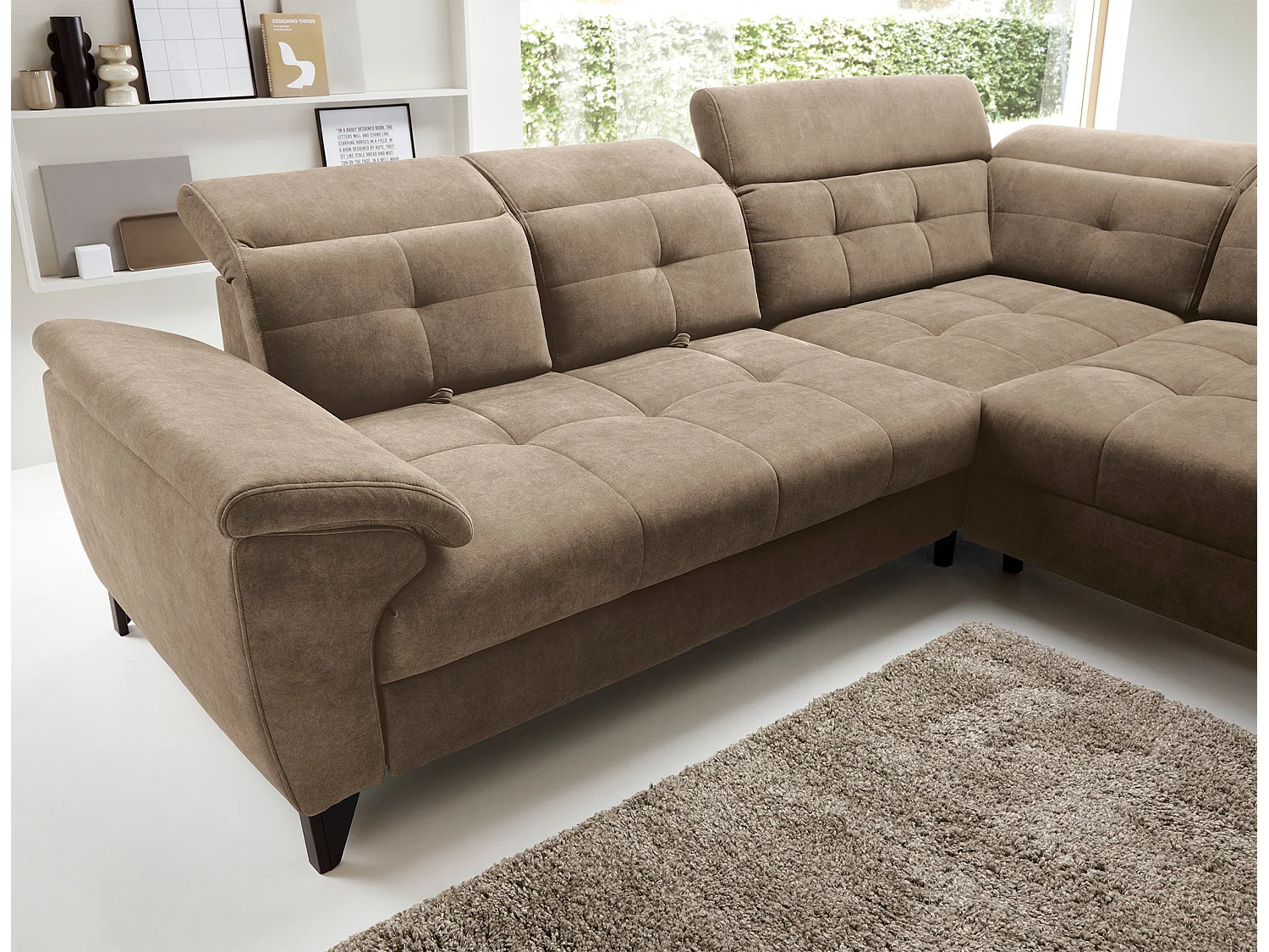 Canapé d'angle convertible tissu velouté KARIN - Coffre et appuis-tête réglables-Marron clair-angle droit