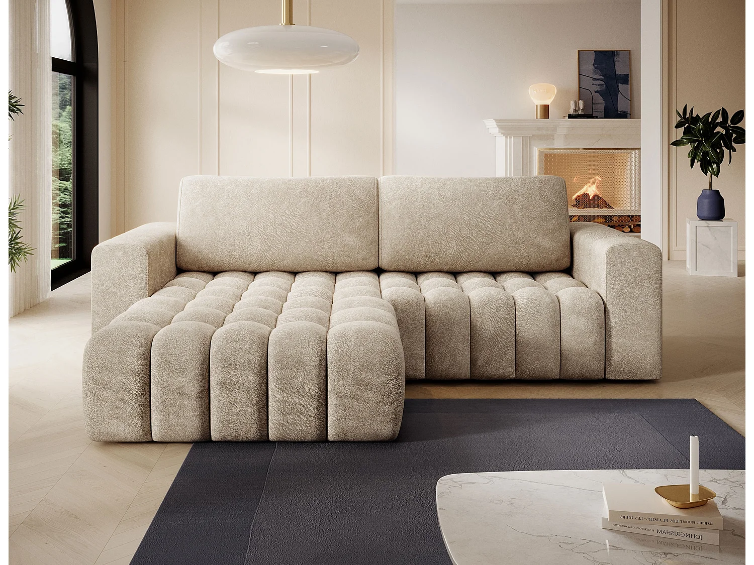 Canapé d’angle convertible BOZEN en velours capitonné avec coffre – 250cm-Beige-angle gauche