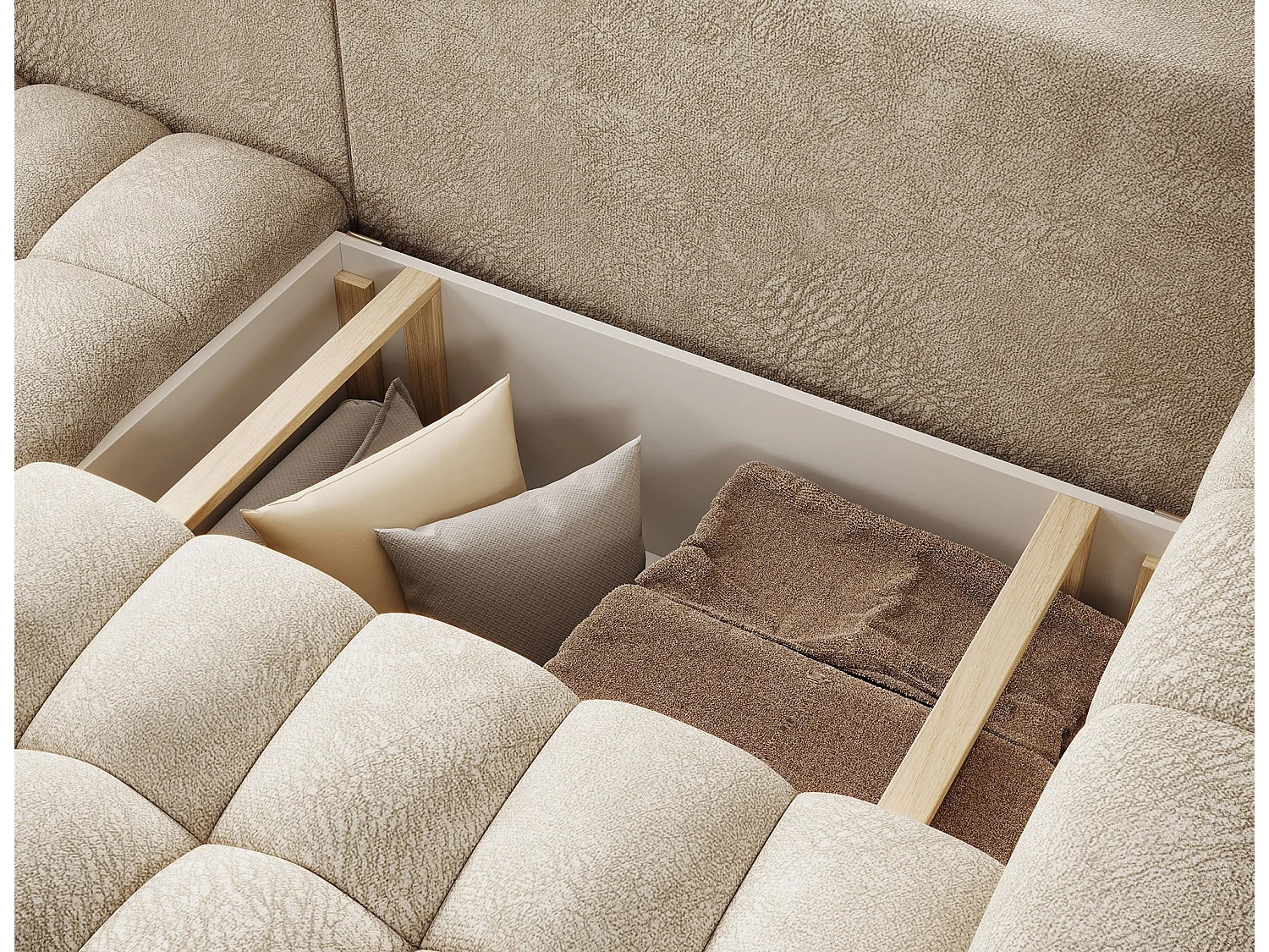 Canapé d’angle convertible BOZEN en velours capitonné avec coffre – 250cm-Beige-angle gauche