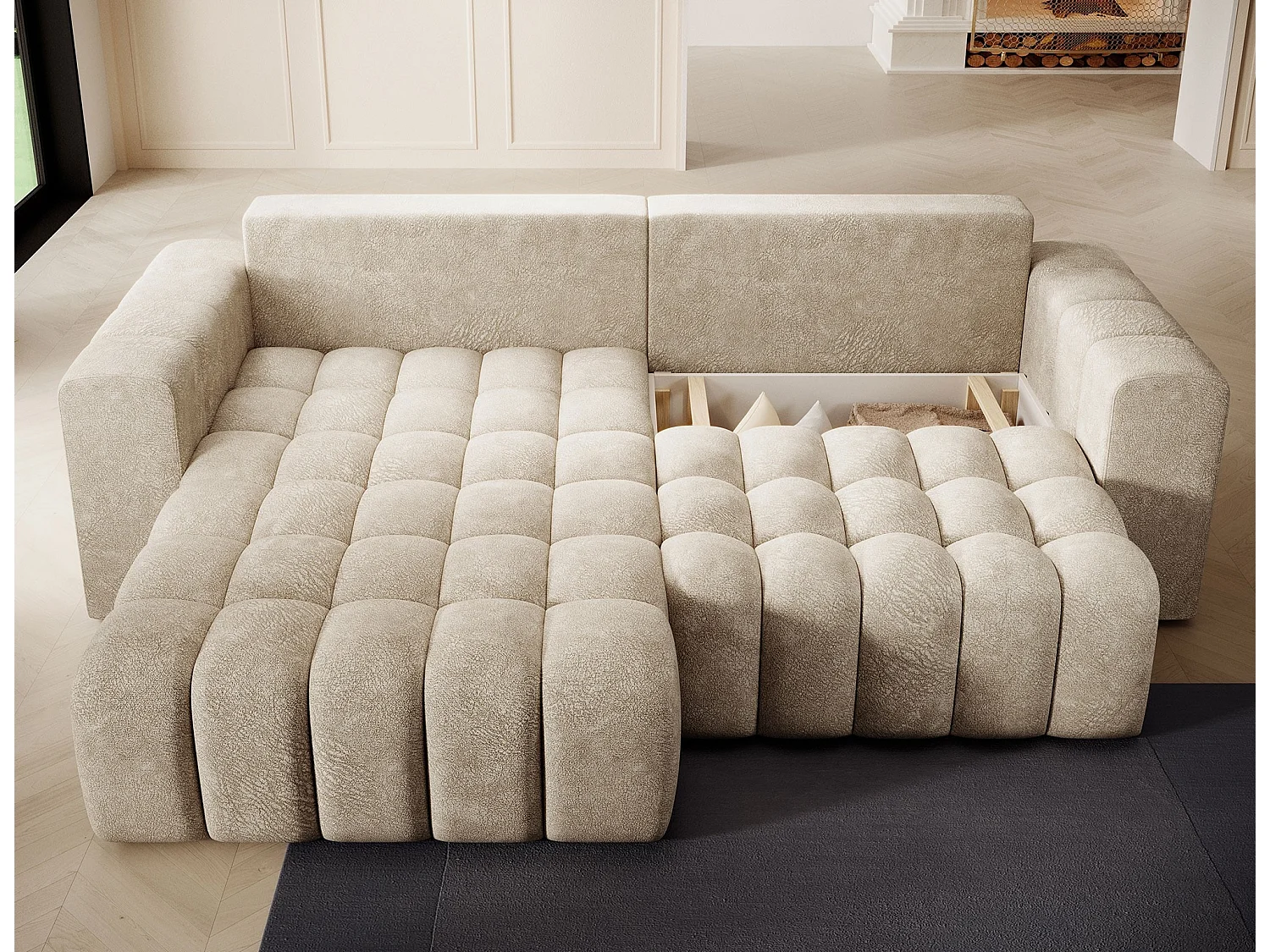 Canapé d’angle convertible BOZEN en velours capitonné avec coffre – 250cm-Beige-angle gauche