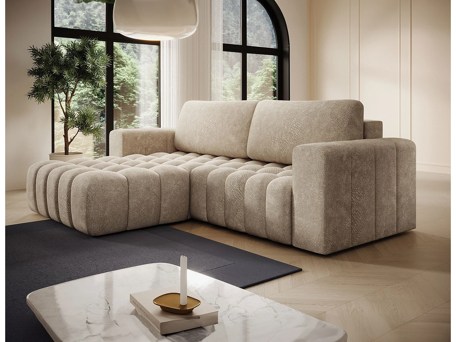 Canapé d’angle convertible BOZEN en velours capitonné avec coffre – 250cm-Beige-angle gauche