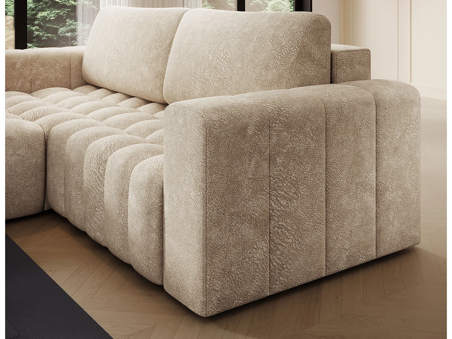 Canapé d’angle convertible BOZEN en velours capitonné avec coffre – 250cm-Beige-angle gauche