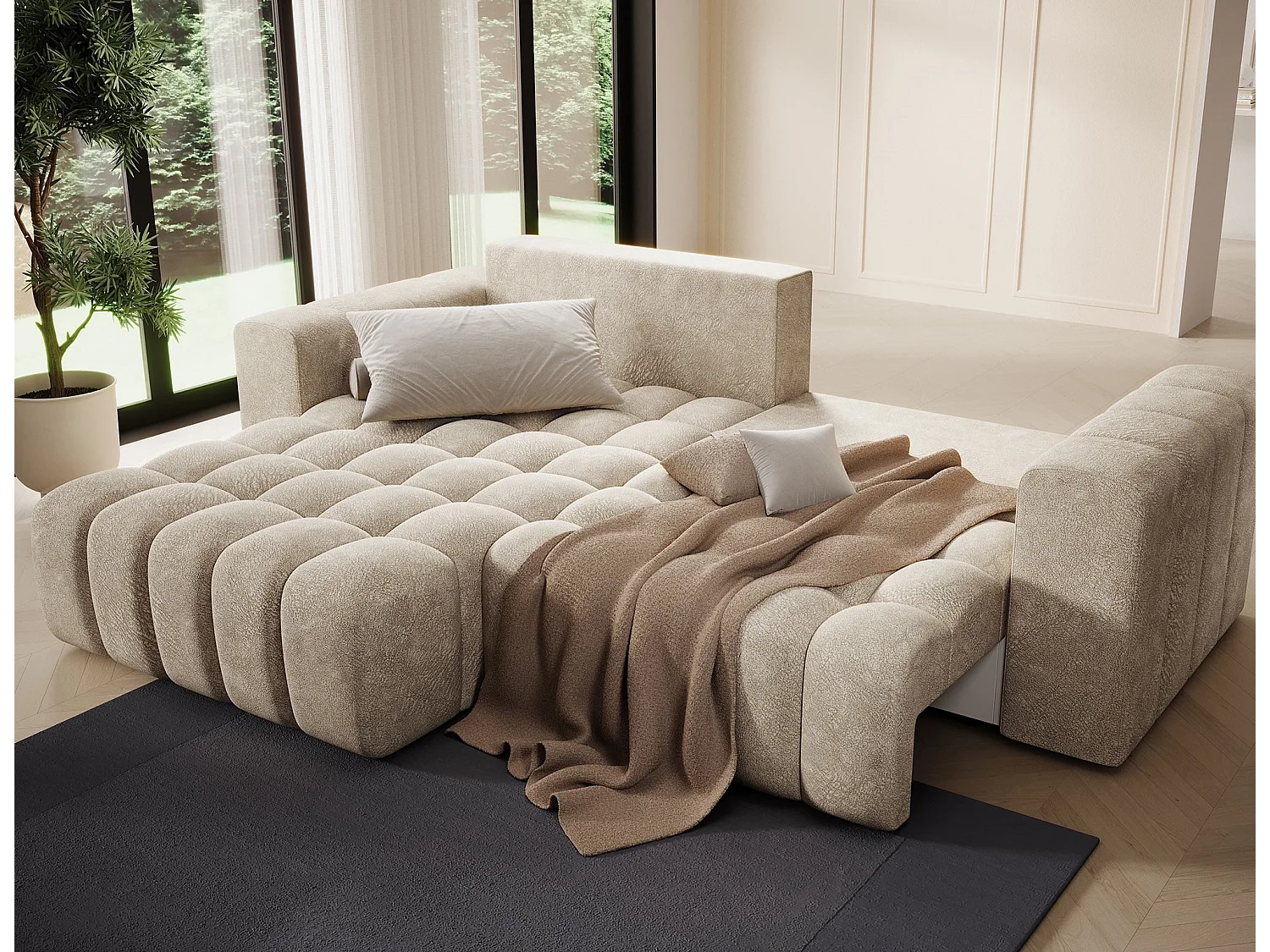 Canapé d’angle convertible BOZEN en velours capitonné avec coffre – 250cm-Beige-angle gauche