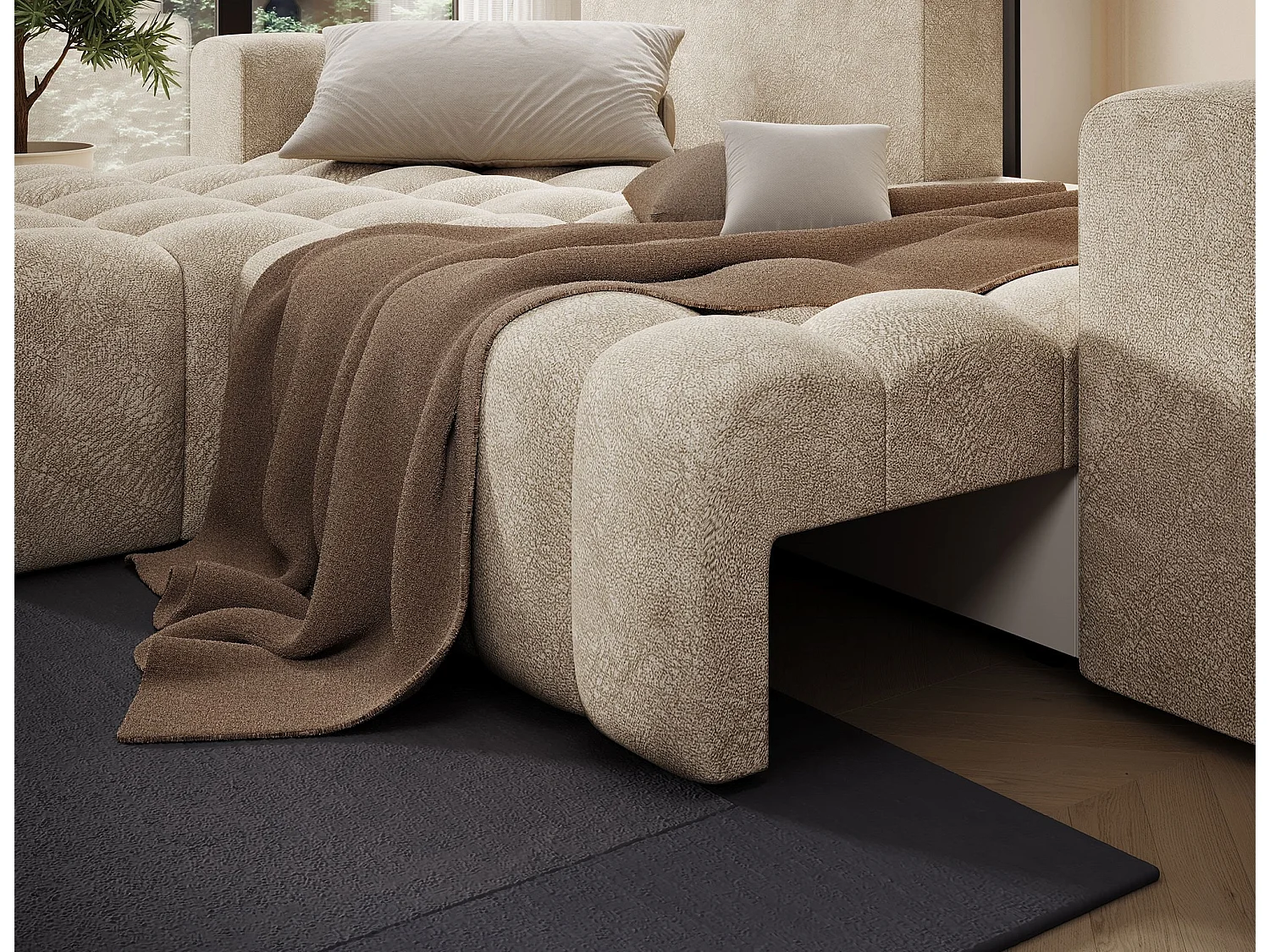 Canapé d’angle convertible BOZEN en velours capitonné avec coffre – 250cm-Beige-angle gauche