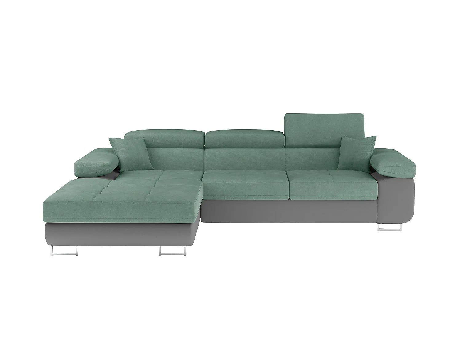 Sofá esquinero convertible KALIZO con reposacabezas regulables - Base y patas de acero cromado-99958f/Verde claro-Ángulo izquierdo