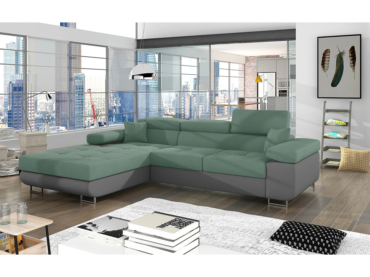 Sofá esquinero convertible KALIZO con reposacabezas regulables - Base y patas de acero cromado-99958f/Verde claro-Ángulo izquierdo