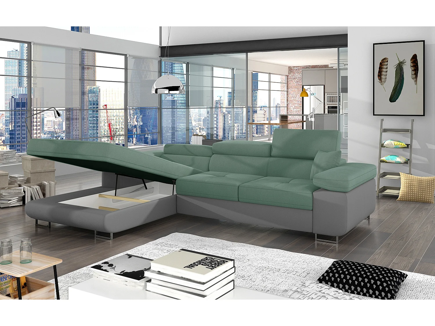 Sofá esquinero convertible KALIZO con reposacabezas regulables - Base y patas de acero cromado-99958f/Verde claro-Ángulo izquierdo
