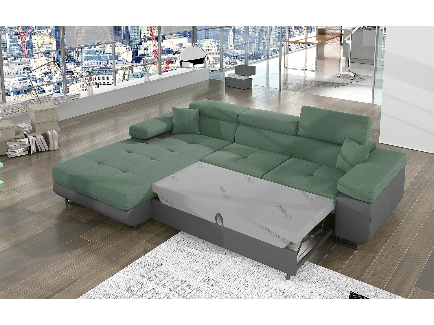 Sofá esquinero convertible KALIZO con reposacabezas regulables - Base y patas de acero cromado-99958f/Verde claro-Ángulo izquierdo