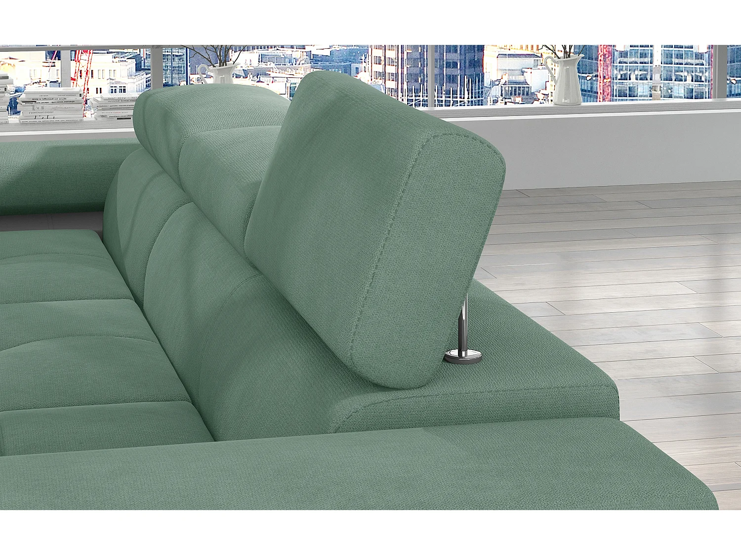 Sofá esquinero convertible KALIZO con reposacabezas regulables - Base y patas de acero cromado-99958f/Verde claro-Ángulo izquierdo