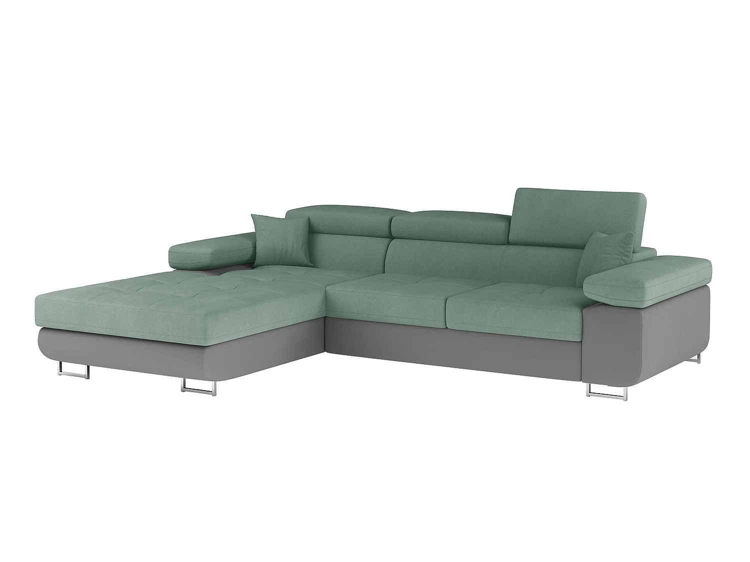 Sofá esquinero convertible KALIZO con reposacabezas regulables - Base y patas de acero cromado-99958f/Verde claro-Ángulo izquierdo