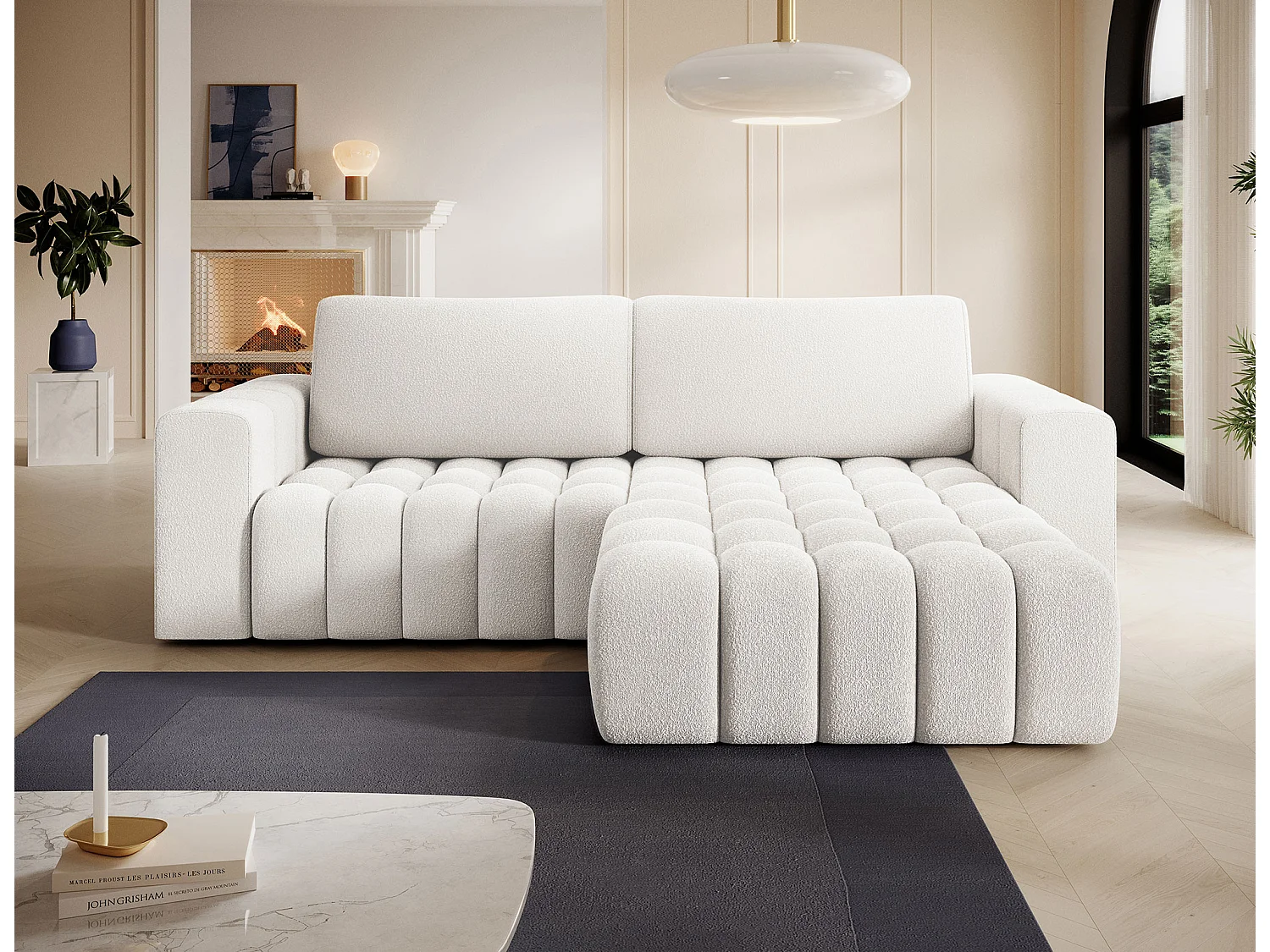 Canapé d’angle convertible BOZEN en tissu bouclette capitonné avec coffre – 250cm-Blanc-angle droit