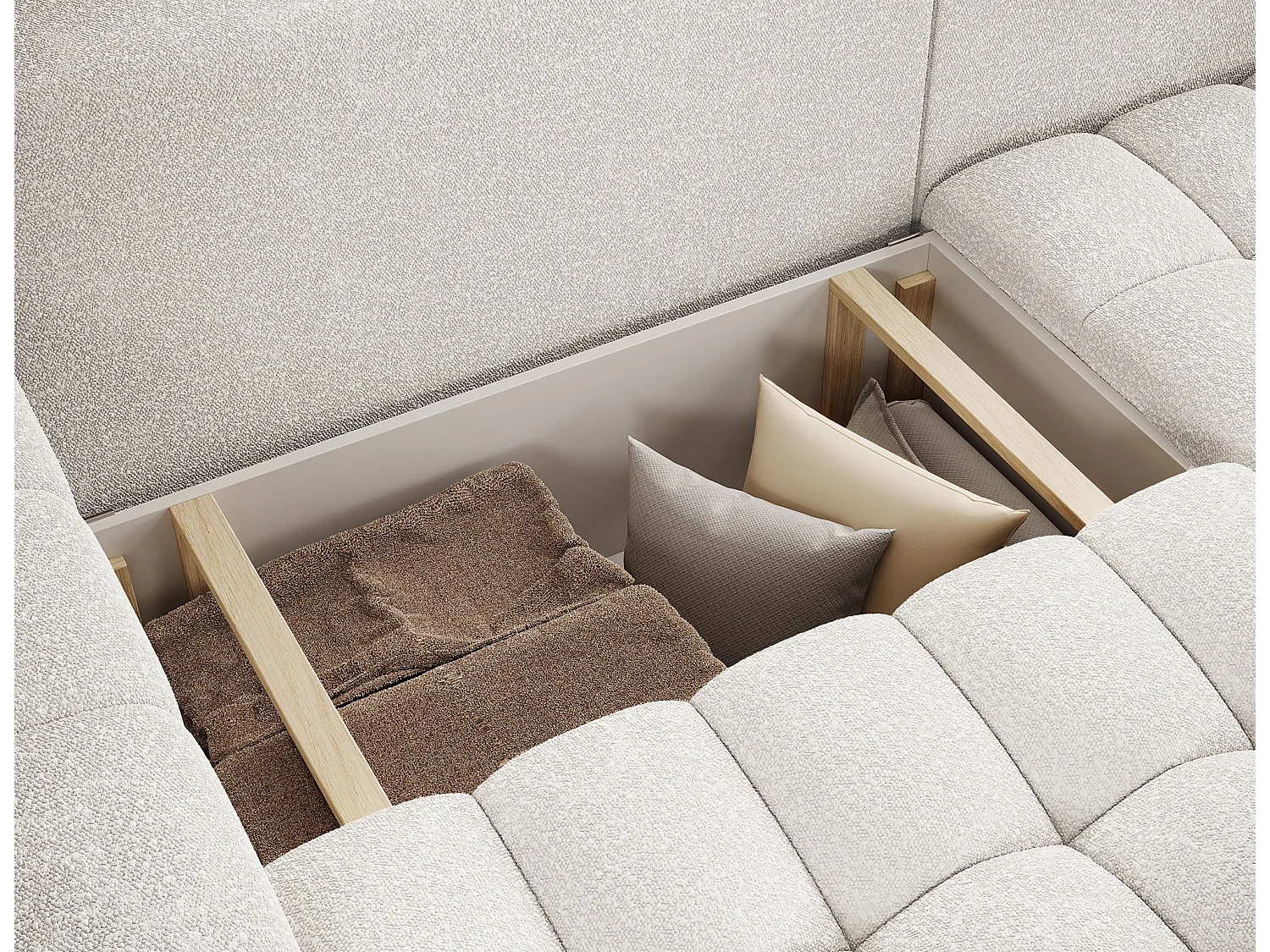 Canapé d’angle convertible BOZEN en tissu bouclette capitonné avec coffre – 250cm-Blanc-angle droit