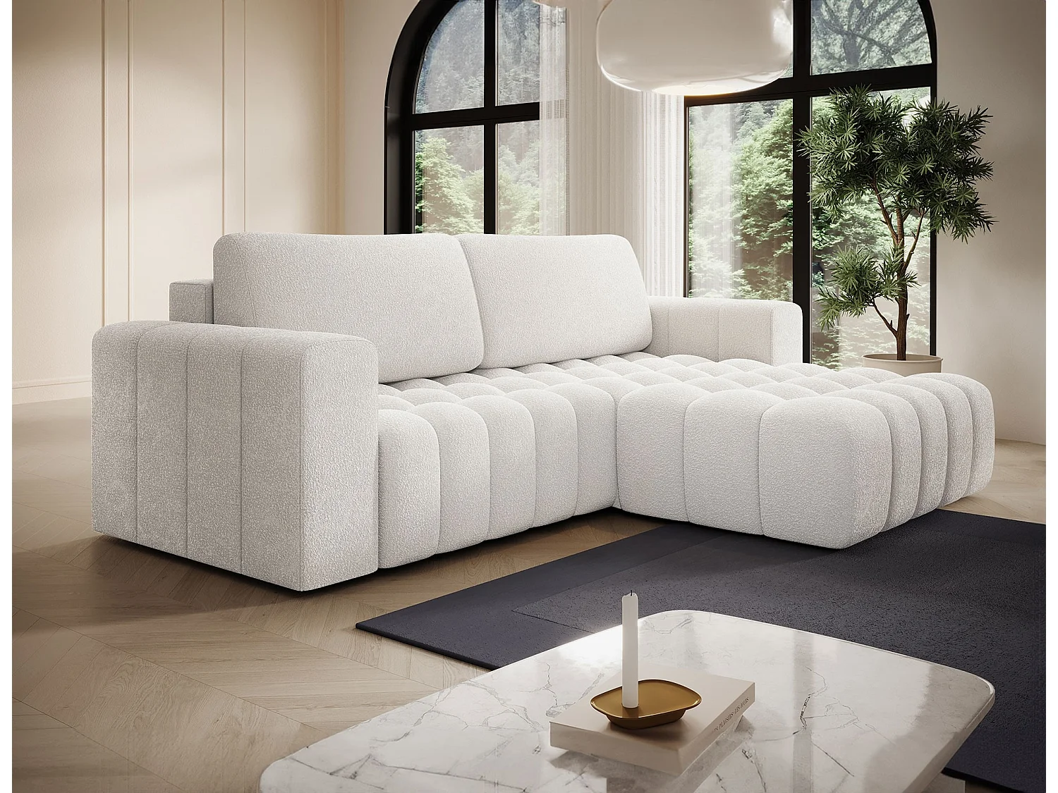 Canapé d’angle convertible BOZEN en tissu bouclette capitonné avec coffre – 250cm-Blanc-angle droit
