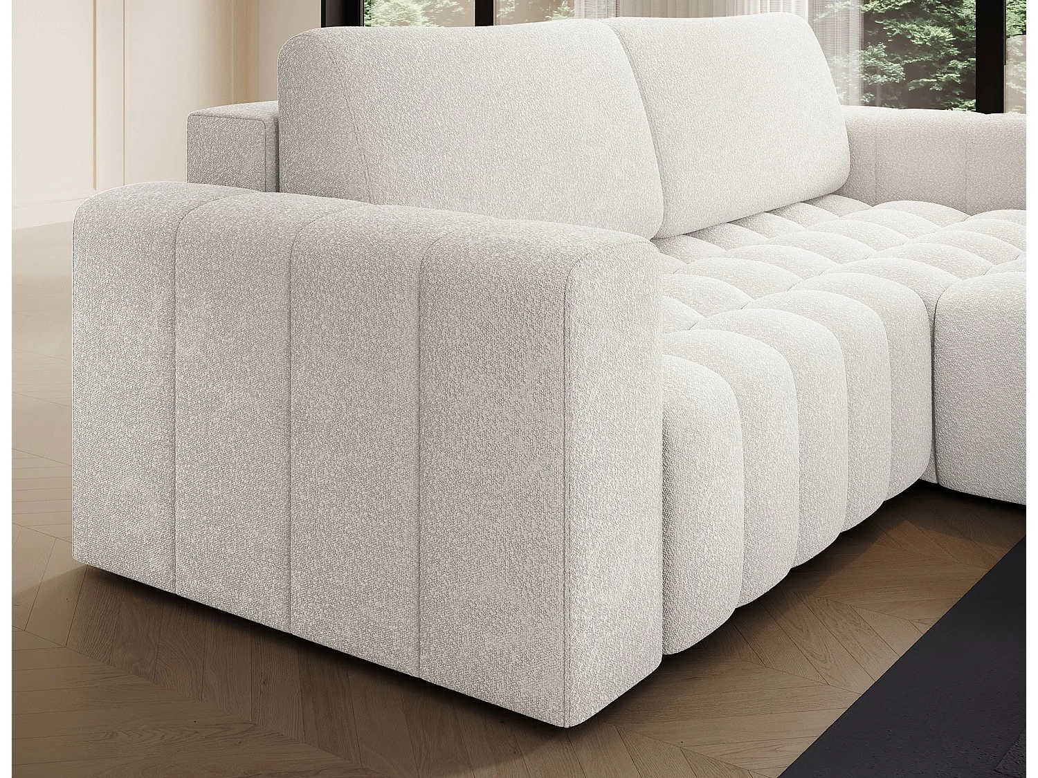 Canapé d’angle convertible BOZEN en tissu bouclette capitonné avec coffre – 250cm-Blanc-angle droit
