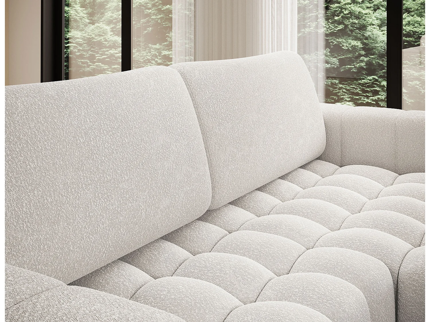 Canapé d’angle convertible BOZEN en tissu bouclette capitonné avec coffre – 250cm-Blanc-angle droit