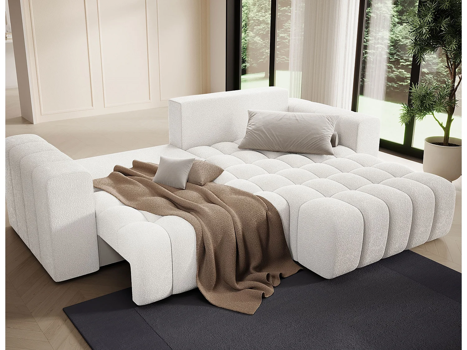 Canapé d’angle convertible BOZEN en tissu bouclette capitonné avec coffre – 250cm-Blanc-angle droit
