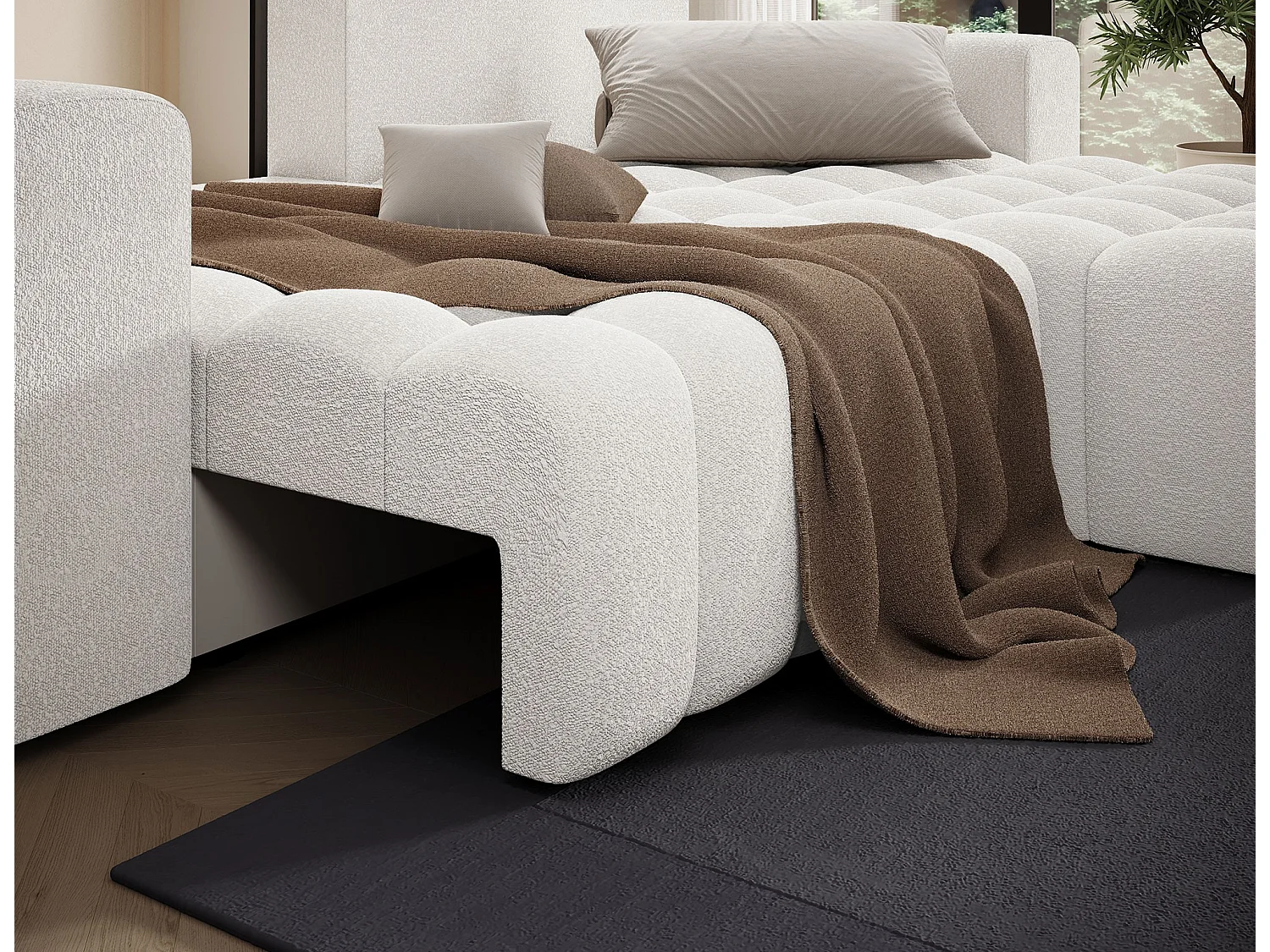 Canapé d’angle convertible BOZEN en tissu bouclette capitonné avec coffre – 250cm-Blanc-angle droit