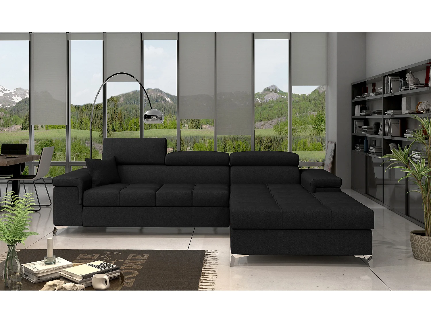 Canapé d’angle convertible RIKARO en velours avec coffre et têtières réglables – 281cm-Noir-angle droit
