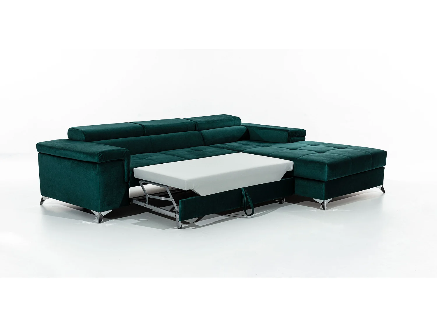 Canapé d’angle convertible RIKARO en velours avec coffre et têtières réglables – 281cm-Noir-angle droit