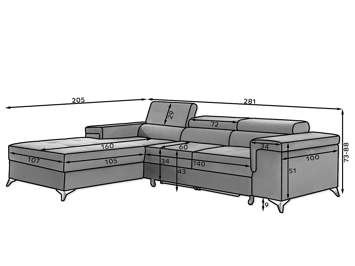 Canapé d’angle convertible RIKARO en velours avec coffre et têtières réglables – 281cm-Noir-angle droit